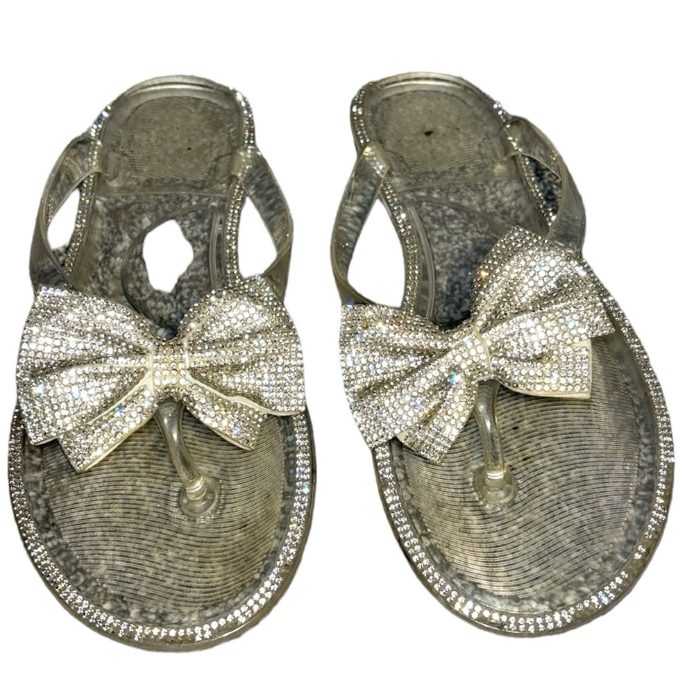 Clear jewel rimmed gel thong slippers with jeweled bows women’s size 8